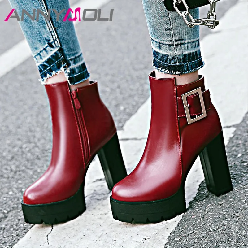 

ANNYMOLI Winter Ankle Boots Women Buckle Platform Square Heel Short Boots Zip Extreme High Heel Shoes Lady Autumn Big Size 33-43