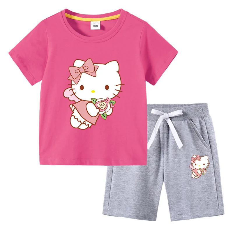 thumbnail image 1 of Conjunto de camiseta de manga corta para niños de Hello Kitty, ropa de algodón para bebés, pantalones cortos de media manga para niños y niñas, traje de dos piezas, 1 of 5