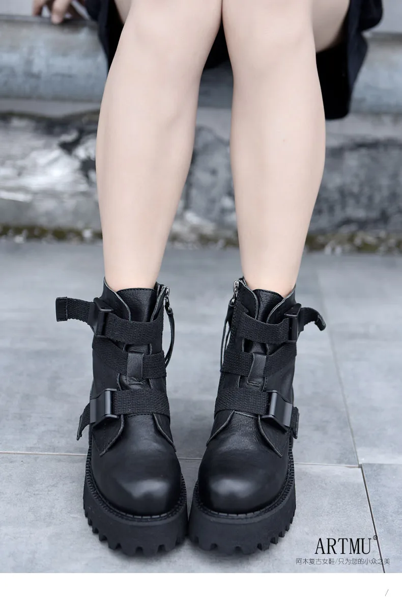 Artmu Original Thick Bottom Ankle Boots Belt Buckle Martin Boots Platform Wedge Heel Women Boots Genuine Leather Handmade Boots