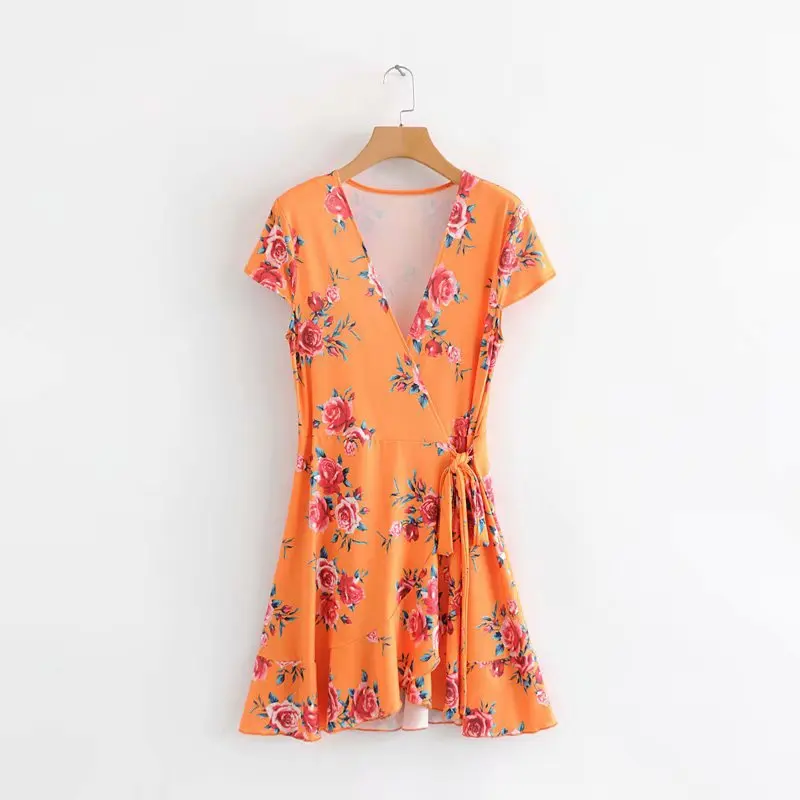 

Cff-ff541 Spring And Summer New Style 2019 Europe And America Vintage Printed Basic Women's A- line V-neck Short Dress