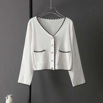 

COIGARSAM Full Sleeve blouse women New Spring Knitting V-Neck blusas womens tops and blouses White Black B1505