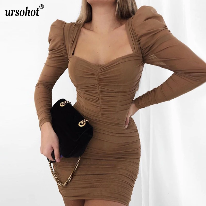 Ursohot красное женское сексуальное Сетчатое платье с квадратным воротником
