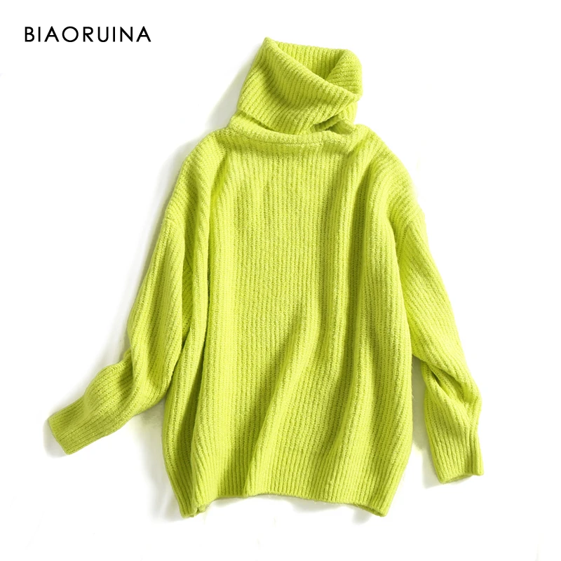 Comprar REJINAPYO 15 Color mujeres moda sólido Casual tejido suéter femenino de cuello alto talla de gran tamaño Pullover señoras elegante suéter Suelto