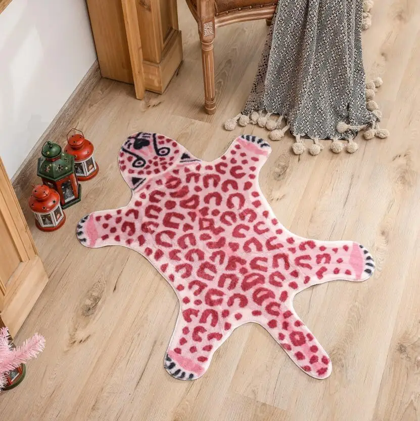 

Pink imitation leopard pattern Rug faux skin leather NonSlip Antiskid Mat washable Animal print Carpet for living room bedroom