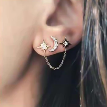 

2 Pieces / Set Of Crystal Sweet Cute Flash Crystal Hollow Moon Star Chain Earrings 3 Ear Hole Ladies Earrings Jewelry
