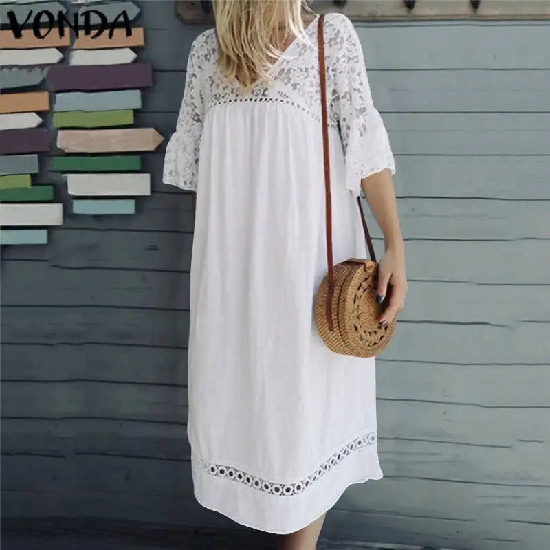 VONDA летнее платье, женское повседневное кружевное Хлопковое платье с коротким рукавом размера плюс, сексуальный праздничный сарафан, женское богемное платье Vestidos S-5XL