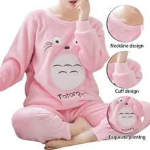 2021 Winter Pajama Women Korean Sleepwear Cute Cartoon Flannel Pajamas Set Velvet Warm Pijama Round Neck Pyjama Homewear Women