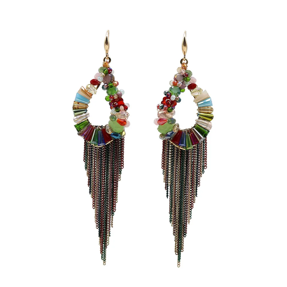 

Ethnic-Style Entirely Handmade Weaving Earrings Tassels Long Crystal Chain Elegant Top Grade Bohemian Earrings