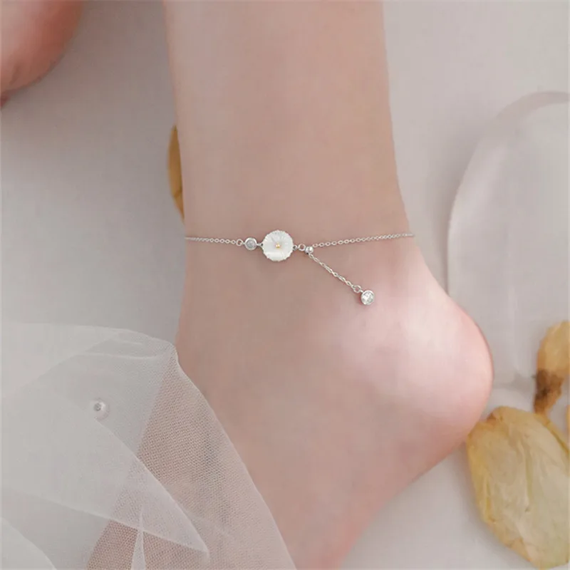 925 Sterling Silver Shell Daisy Anklet For Women Girls Tassel Zircon Round Bead Link Chain Boho Jewelry Gift anklet bracelets,silver anklets,ankle chain