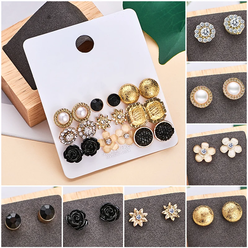 

MISANANRYNE 9 PCS/SET Pearls Crystal Flower Leaves Stud Earrings For Women Elegant Black Round Earrings Fashion Jewerly