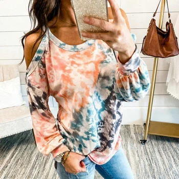 

2020 Autumn Fashion Women T-shirt Long Sleeve harajaku Tops Tie Dye Printed T shrit Blusas Ladies Loose Off Shoulder Tees D30
