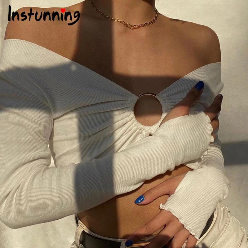 

Instunning Sexy V-Neck T-shirts Long Sleeve Women Crop Top Hollow out Cotton Skinny Irregular Hem Front Hole Autumn2020 Fashion