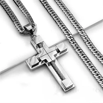 

Punk Male Cross Jesus Pendant Stainless Steel Cable Wire Jesus Rope Cross Pendant Necklace Jewelry for Men