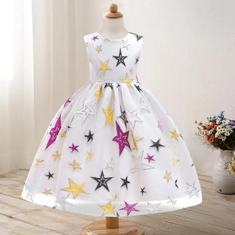 

Children Black And White with Pattern Dress Star Embroidery Flower Princess Dress Star GIRL'S Children Dress Tutu Girl Dress