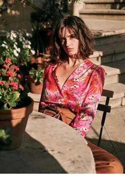 

NEW EQ 100% real silk women long sleeve blouses Romantic red