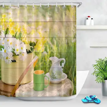 

Country Farmhouse Decor Bathroom Shower Curtain Rural Plant Flowers Daisy Shower Curtain Waterproof Polyester Fabric with Hooks