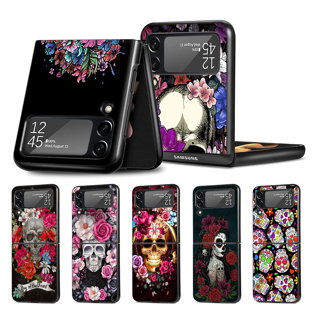 Cell Phone Case for Samsung Galaxy Z Flip3 5G Black Coque Z Flip 3 Hard PC Luxury Cover Zflip3 Funda Capa Fashion Flower Skull galaxy z flip3 case