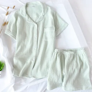 

100% cotton soft women pajamas crepe short sleeve tops shorts 2 piece set homewear solid casual thin sleepwear plus szie Y005