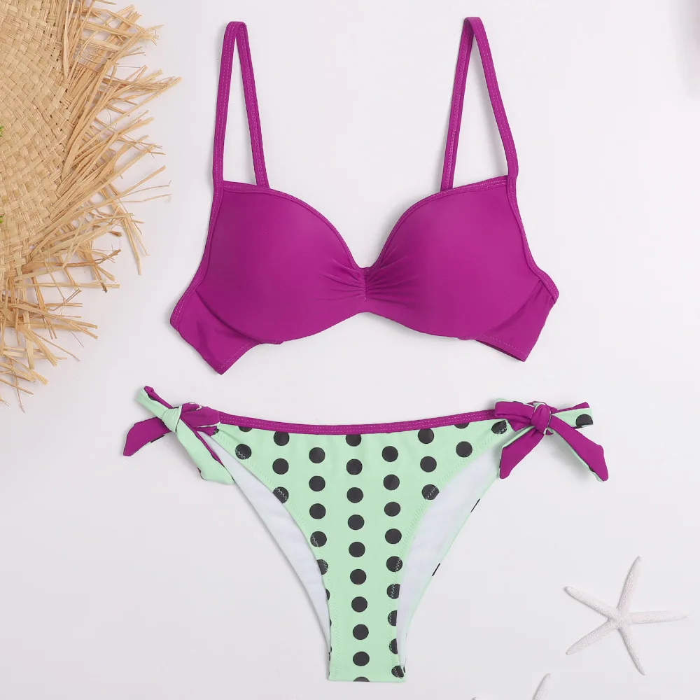 2020 Bikini Set Halter Swimwear Women Dot Solid Color Swimsuit Side Bandage Bathing Suit Beachwear Push Up Sexy Bikini