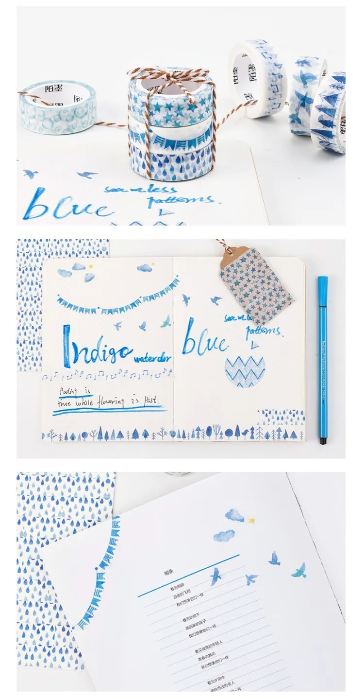 15 мм * 7 м синий собирать Kawaii Васи клейкие ленты Скрапбукинг маскирования клейкие ленты наклейки для дневника книга DIY украшения Washitape