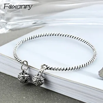 Foxanry 925 Sterling Silver Bell Cuff Bangles & Bracelet Vintage Weave Handmade Party Jewelry for Women Size 56mm Adjustable
