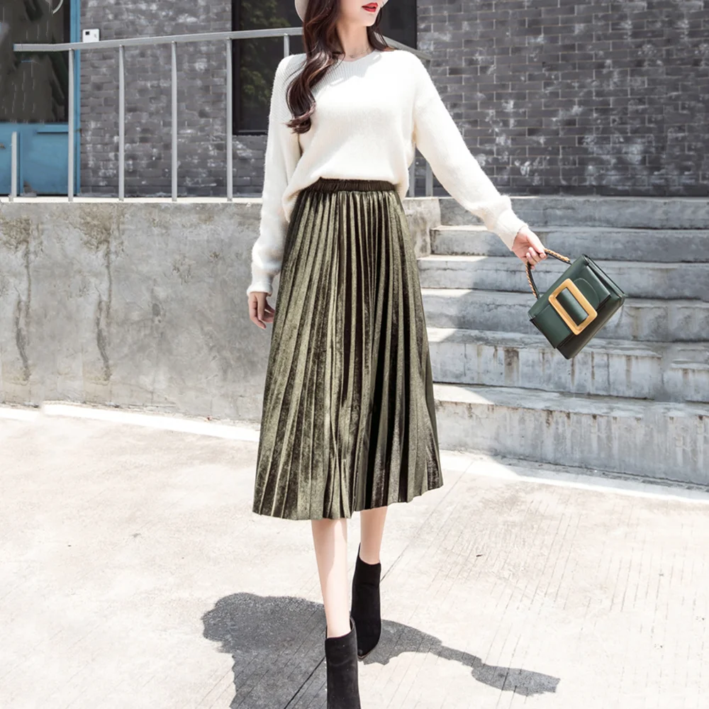 Women Skirts Long Autumn Fashion Gold Velvet Pleated Skirts Harajuku Casual Female Clothing OL Trendy Ladies Black Skirts Women
