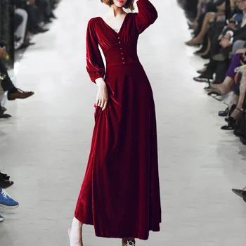 

HAMALIEL Elegant Women Velvet Long Party Dresses Runway Autumn Winter Lantern Sleeve Wine Red Swing Dress Sexy Deep V Neck Dress