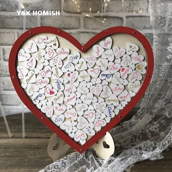 Свадебная книга для гостей, Y& K Molish деревянная фоторамка, капля верхняя рама знак книга с 100 шт деревянные Сердца, деревенские Свадебные украшения - Цвет: Красный