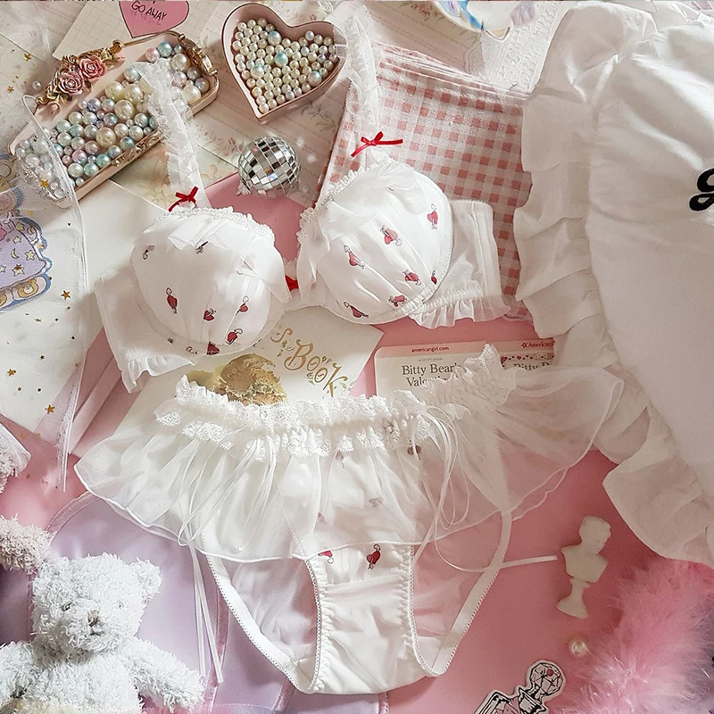 Привлекательный белый прозрачный бюстгальтер и трусики Sweet Lolita кружевное нижнее