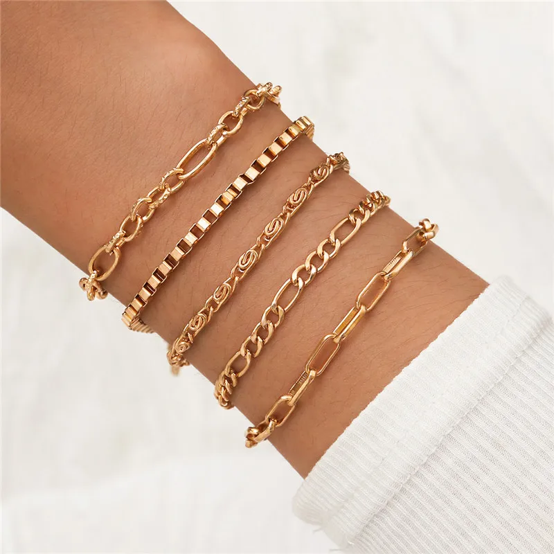 Modyle New Punk Curb Cuban Chain Bracelets Set for Women Miami Boho Thick Gold Color Charm Bangles Fashion Jewelry | Украшения и