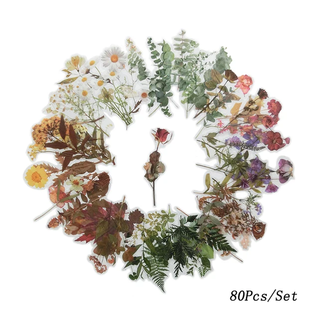 80Pcs/Set Simulation Flowers Leaves Stickers Transparent PET Sticker DIY Diary Calendar Decoration Scrapbooking Plant Sticker Multi-Colored