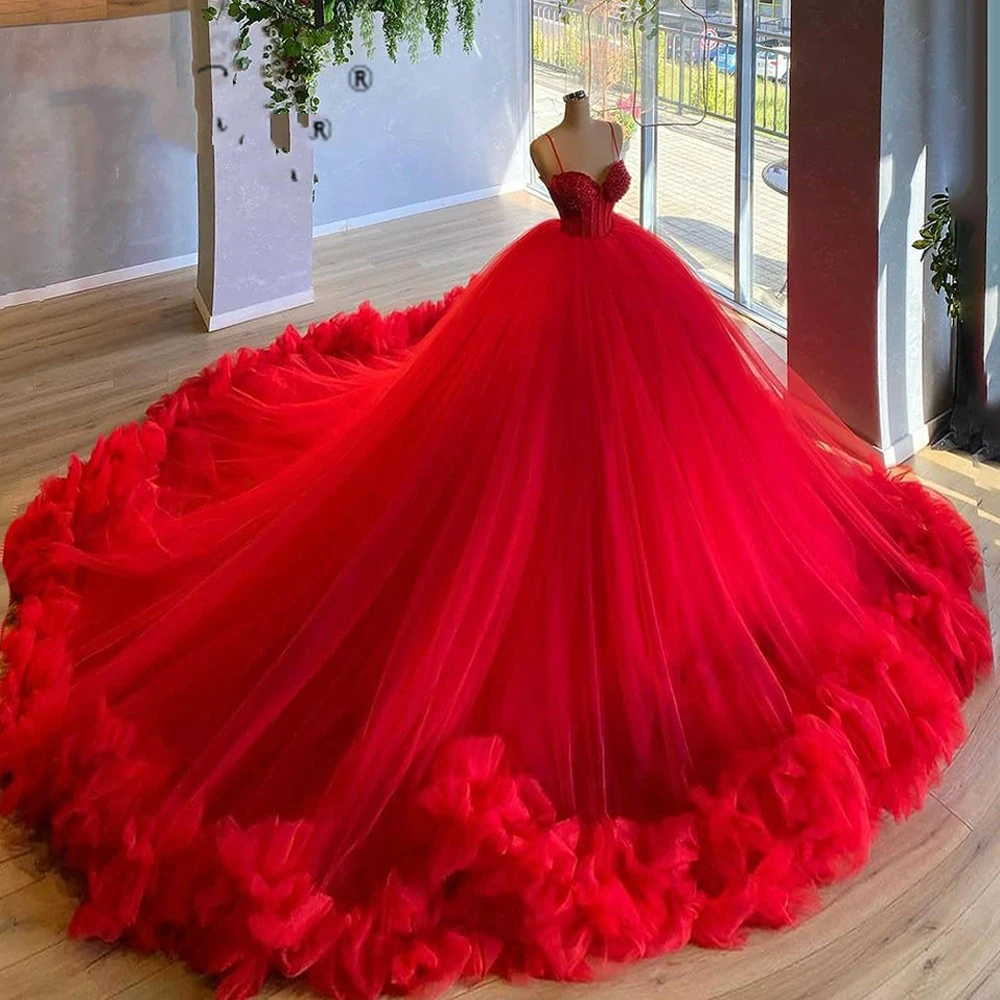 red puffy prom dress