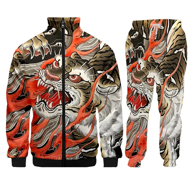 Animal Tiger Mens Fashion Print Hoodie Set 2 Piece Suits Jacket + Pants For Mens Suits Man Print Suits Set Tracksuit Sportswear
