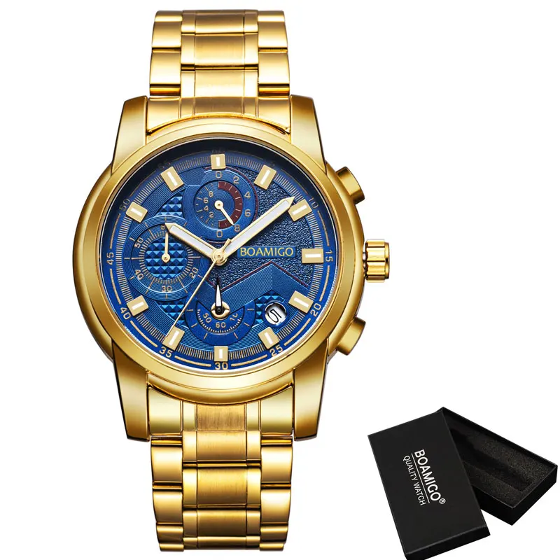 F935Bgoldbluebox Мужские часы класса люкс от ведущего бренда BOAMIGO, мужские спортивные часы с хронографом, водонепроницаемые полностью стальные мужские модные кварцевые часы - Цвет: F935Bgoldbluebox