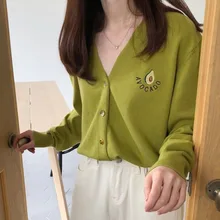 Зимний женский кардиган, вязаный однобортный свитер, v-образный вырез, вышивка, милый свитер, длинный рукав, открытый стежок, корейские Топы