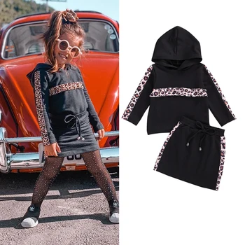 

2020 Fashion Girls Clothing 2pcs 0-5Y Toddler Kids Baby Autumn Long Sleeve Leopard Striped Print Hooded Tops +Skirts 0-5 years