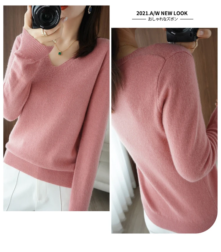 Autumn Winter New Cashmere Sweater Women Keep Warm V-neck Pullovers Knitting Sweater Fashion Korean Long Sleeve Loose Tops