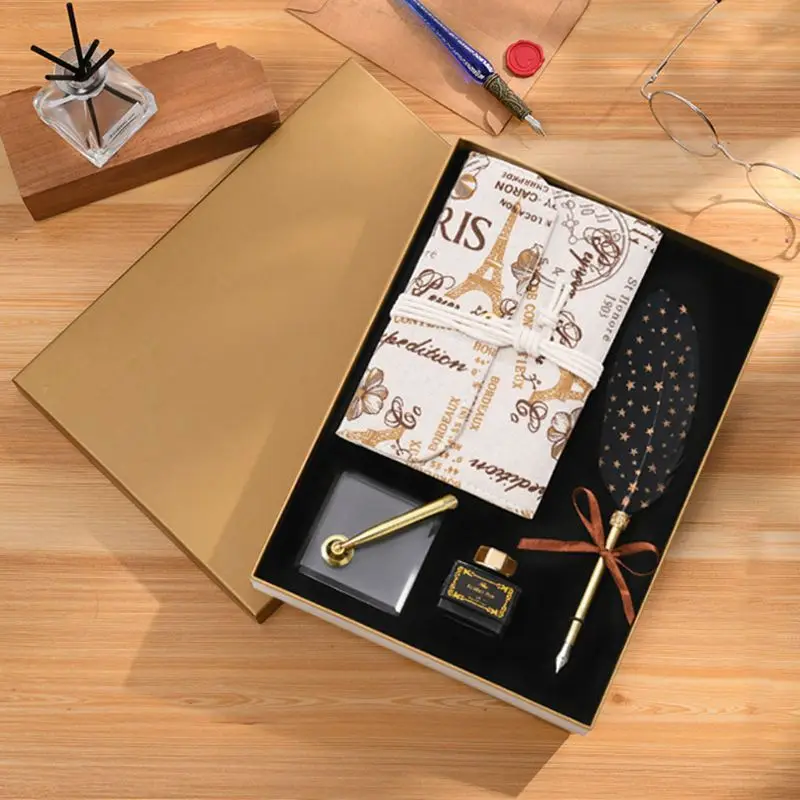 

Vintage Calligraphy Feather Dip Pen Fountain Writing Ink Notebook Stationery Set