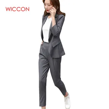 

Women Pant Suit New Retro Single Button Striped Small Spring Summer Casual Wear Suit Female Trend Long Sleeve Turn-down Collar