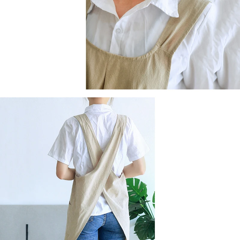 Florist Working Apron Waterproof Women Cotton Linen Cross Back Apron Japanese Housework Kitchen Cooking Double Pocket Apron