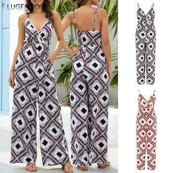 

Lugentolo Women Jumpsuit Spring Summer Sexy Backless Loose Sling Casual V-neck Print Elegant Straight Wide Leg Lady Jumpsuits