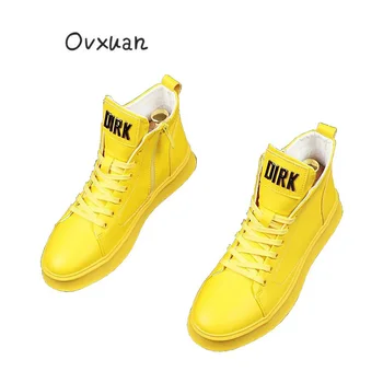 

OVXUAN Men British Luxury Leather Boots High Top Metal Note Trending Platform Oxford Shoes Male Yellow Sneakers Ankle Boots 2021