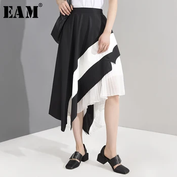 

[EAM] High Elastic Waist Black White Pleated Irregular Half-body Skirt Women Fashion Tide New Spring Summer 2020 1S88101
