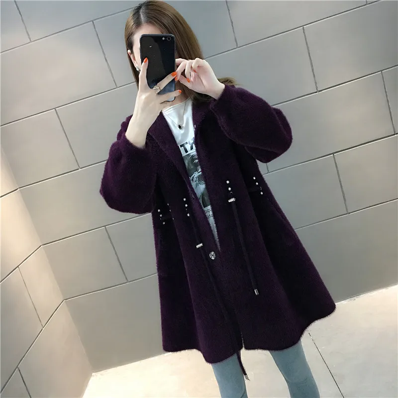

Autumn Winter Imitation Water Velvet Sweater Coat Women's Hooded Loose Mid-length Paragraph Mink Sweater Coats Thickening Z773