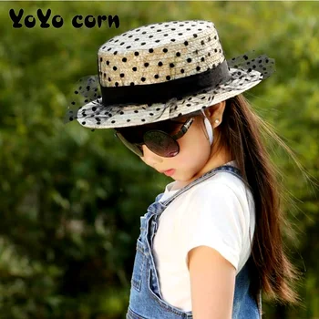 

YOYOCORN Child sunshade hat black lace sun hats 6-12 years old bow hand made straw cap beach big brim hat casual girl summer hat