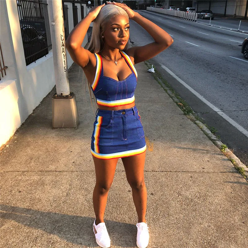 Sexy Women Two Pieces Suit Tacksuit Denim Rainbow Striped Tank Bustiers Corsets Crop Tops High Waist Mini Pencil Skirt Dress Sexy Women Two Pieces Suit Tacksuit Denim Rainbow Striped Tank Bustiers Corsets Crop Tops High Waist Mini Pencil Skirt Dress