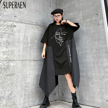 

SuperAen Pluz Size Fashion Dress Female Europe Summer and Spring 2020 New Women Dress Printed Short-sleeved Irregular Dresses