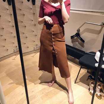 

Women Skirt 2019 Summer New High Waist Breasted Split Knit Solid Color Skirt