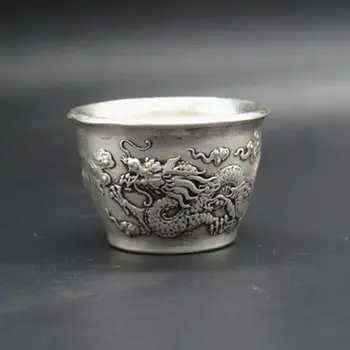 

China Folk Tibet Silver WineGlass Double Dragon Opera Pattern