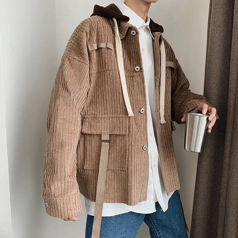 

Corduroy Jacket Men Fashion Retro Hit Color Casual Cotton Hooded Jacket Coat Mens Streetwear Wild Loose Tooling Jacket Men